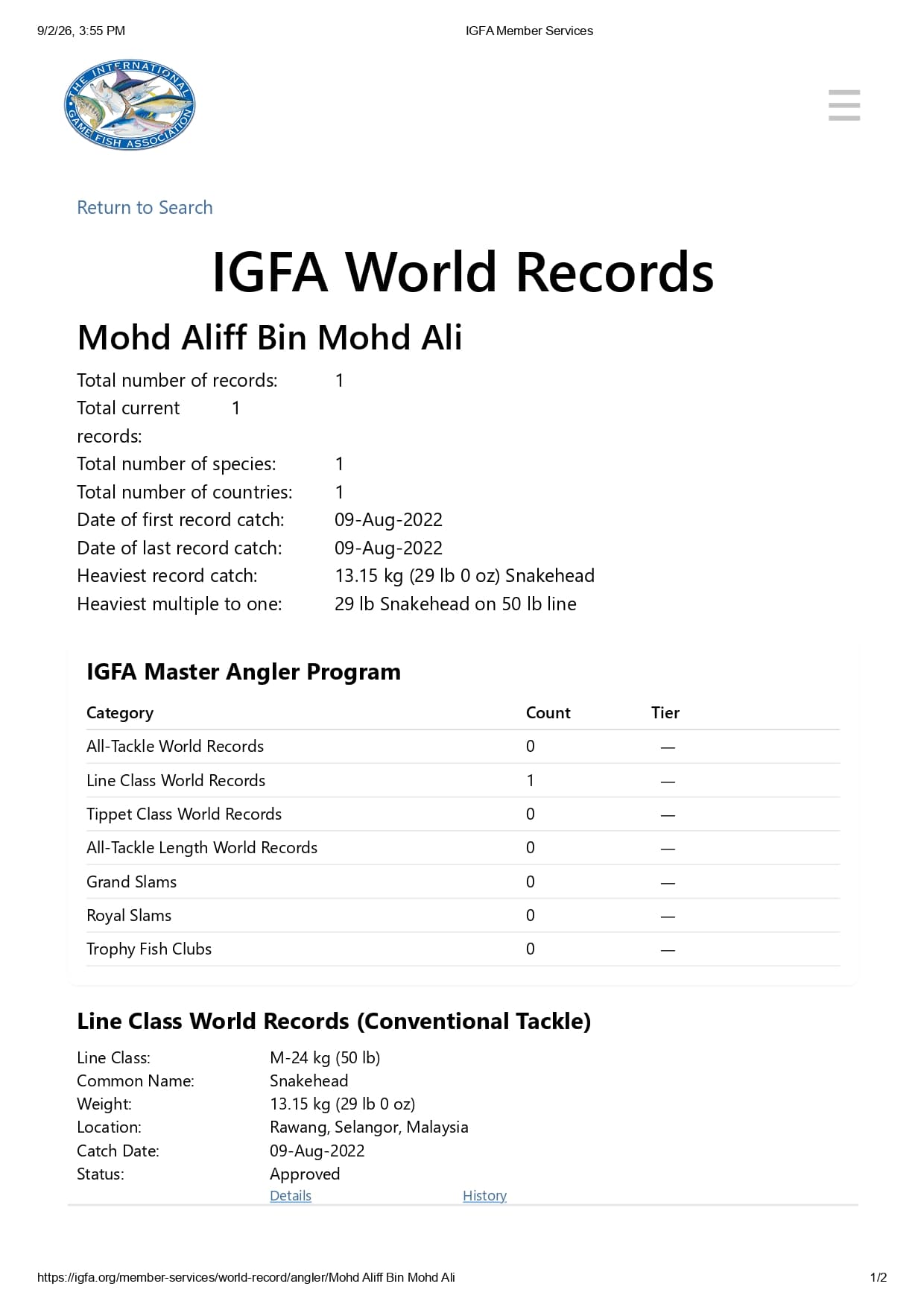 Mohd Aliff IGFA World Record